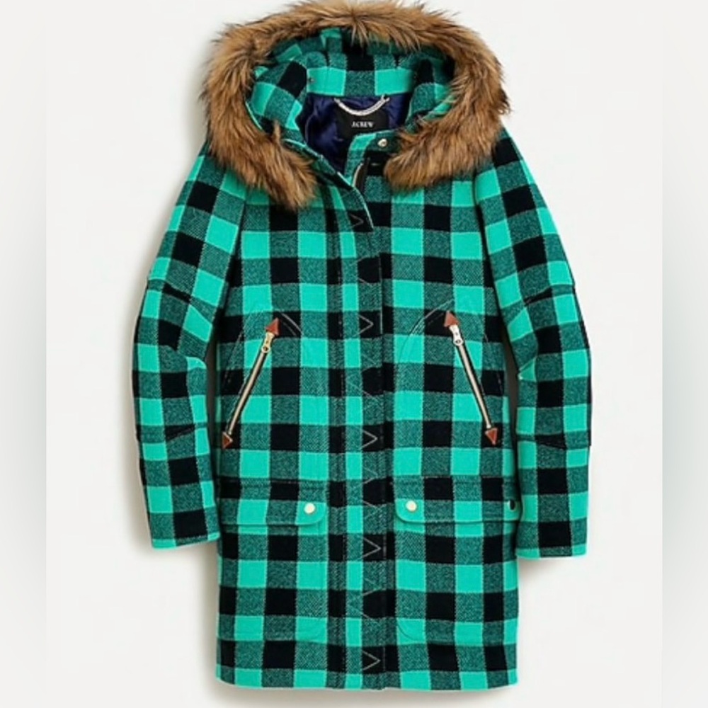 NWOT. J. Crew Italian Cloth Buffalo check green/black, faux fur (removable)